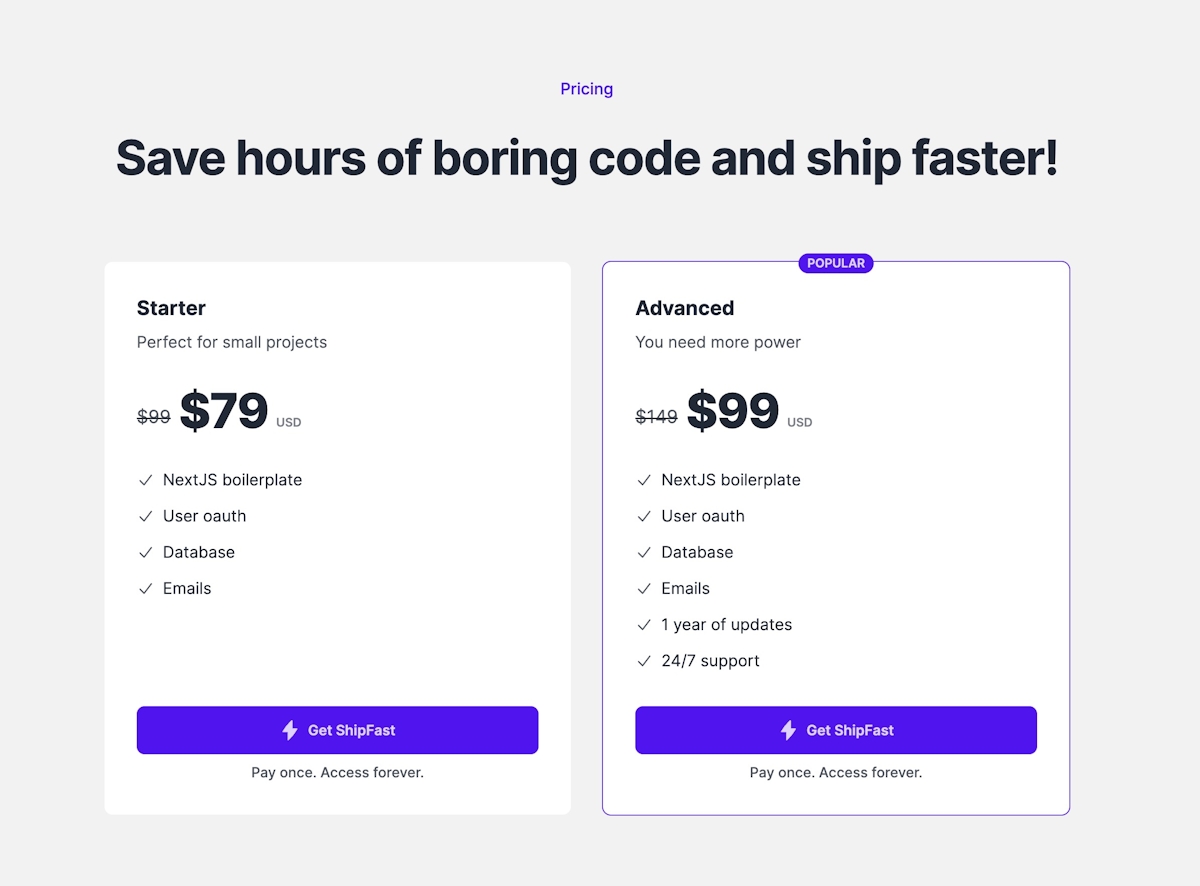 A Pricing component for ShipFast boilerplate