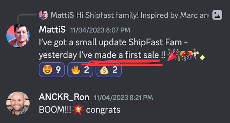ShipFast Discord conversation of a maker sharing a success