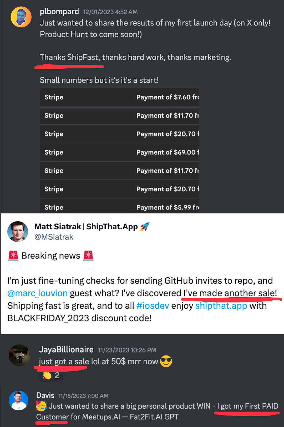 ShipFast Discord conversations of makers earning money with ShipFast